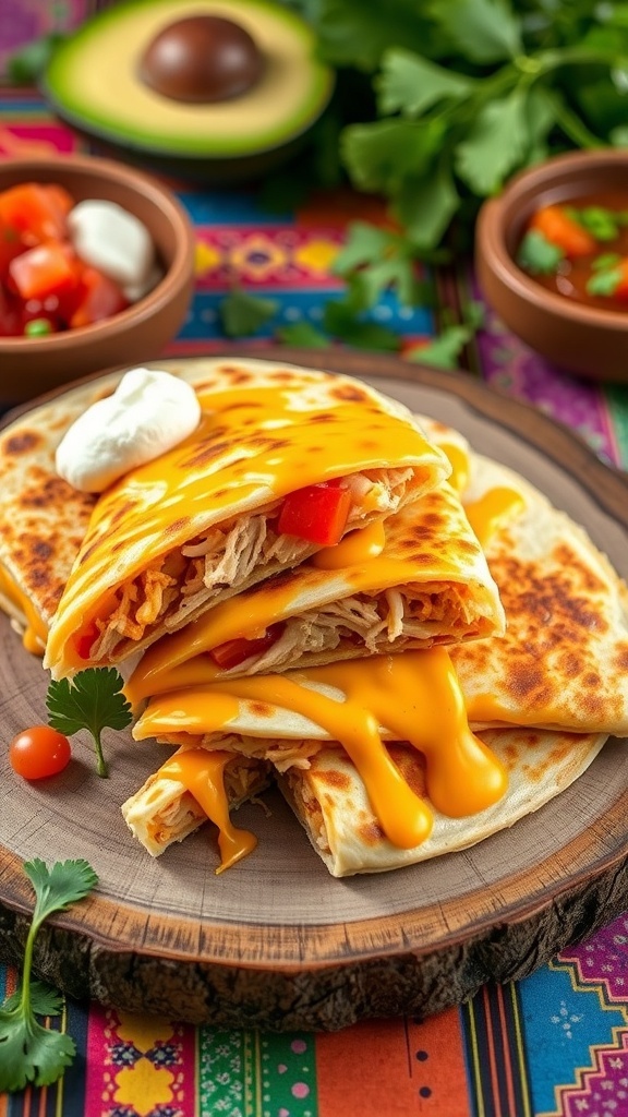 Cheesy chicken quesadilla cut into wedges with salsa and sour cream on a wooden plate.
